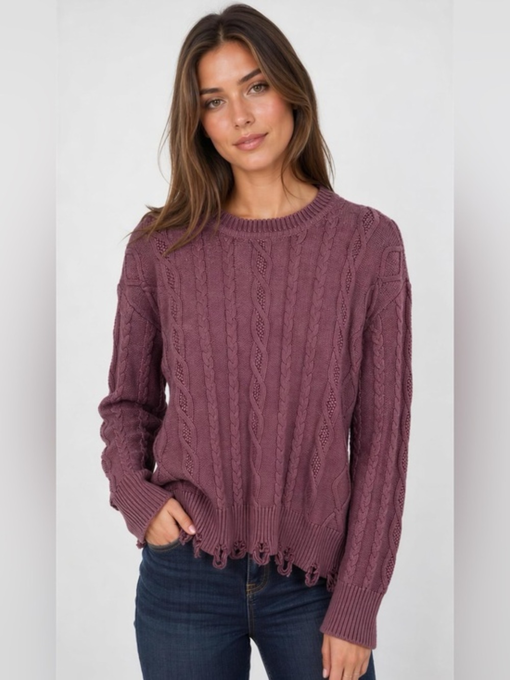 CHARLIE B Foiled/Metallic Cable Knit Detailed Hem Sweater